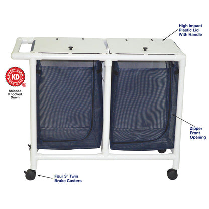 MJM International 218-D Double hamper with mesh bag (43 gallon capacity per bag), 3" twin casters, zipper opening, push/pull handle