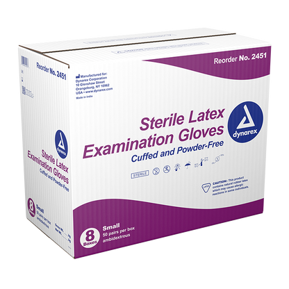 Dynarex Sterile Latex Exam Gloves, 3 Mil Thick, Powder-Free, 50prs/bx, 8bxs/cs (400 Count)
