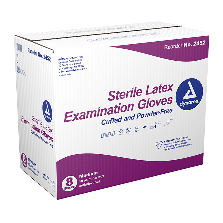 Dynarex Sterile Latex Exam Gloves, 3 Mil Thick, Powder-Free, 50prs/bx, 8bxs/cs (400 Count)
