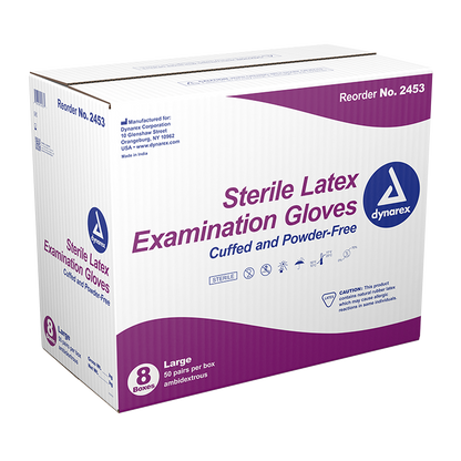 Dynarex Sterile Latex Exam Gloves, 3 Mil Thick, Powder-Free, 50prs/bx, 8bxs/cs (400 Count)