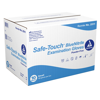 Dynarex Safe-Touch Blue Nitrile Exam Gloves - Non-Latex, Powder-Free - 100/box, 10bxs/case (1000 Count)