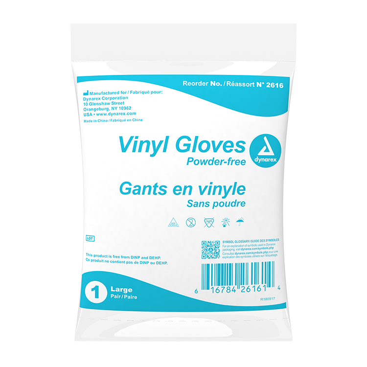 Dynarex Vinyl Exam Gloves In A Bag, 3 Mil Thick, Large, Powder-Free, Clear