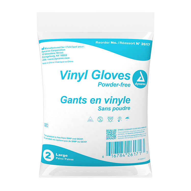 Dynarex Vinyl Exam Gloves In A Bag, 3 Mil Thick, Large, Powder-Free, Clear