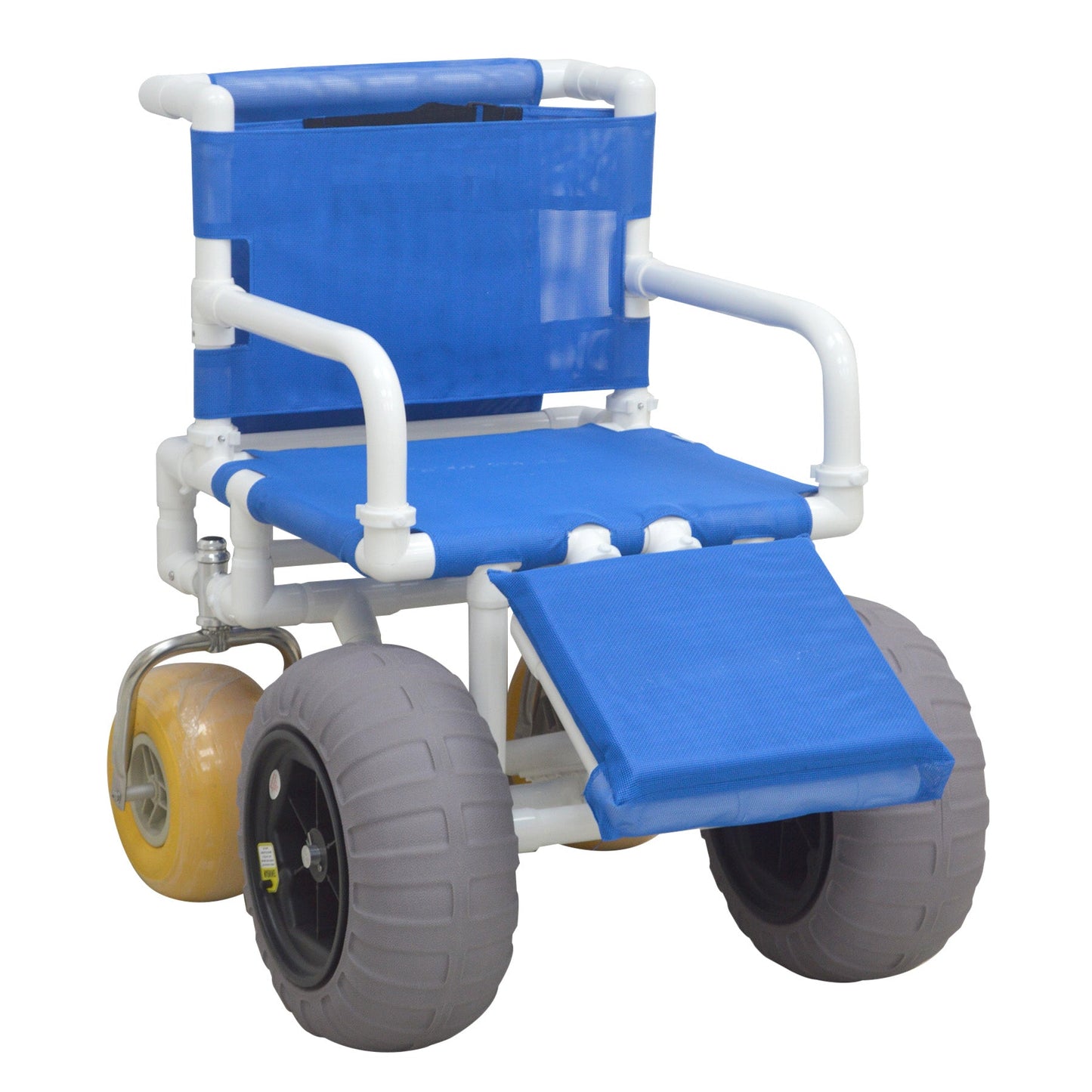 MJM International 722-ATC-ELR-YW-GRYW All Terrain Beach Wheelchair Heavy Duty Wheels Non-Corrosive Plastic Bearings, 2 Swivel And 2 Rigid Wheels, Padded Cushion Seat, User-Friendly Elevating Leg Rest