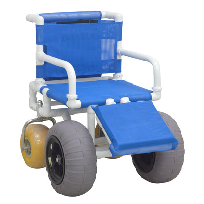 MJM International 722-ATC-ELR-YW-GRYW All Terrain Beach Wheelchair Heavy Duty Wheels Non-Corrosive Plastic Bearings, 2 Swivel And 2 Rigid Wheels, Padded Cushion Seat, User-Friendly Elevating Leg Rest
