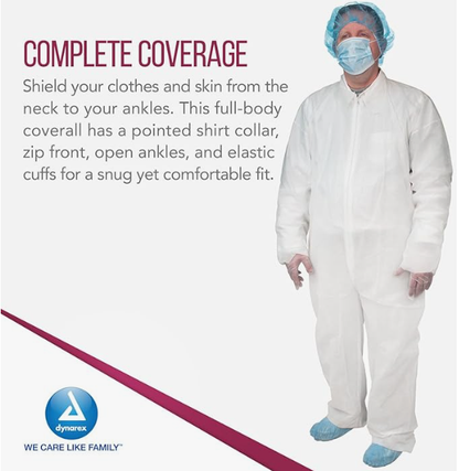 Dynarex Disposable Coveralls, Universal Size, White - 5ea/bx, 5bxs/case (25 Count)