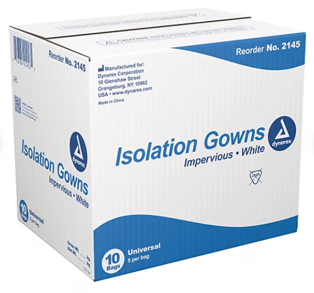 Dynarex Isolation Gown Poly - Coated Barrier, Universal, White - 5ea/bx, 10bxs/case (50 Count)