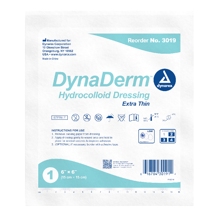 Dynarex DynaDerm - Hydrocolloid Dressing - Extra Thin, 6" x 6", 5ea/bx, 12bxs/cs (60 Count)