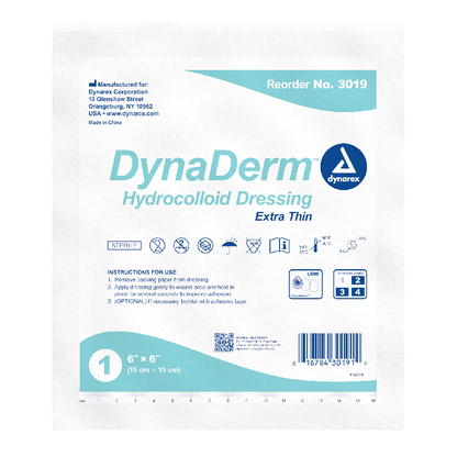 Dynarex DynaDerm - Hydrocolloid Dressing - Extra Thin, 6" x 6", 5ea/bx, 12bxs/cs (60 Count)