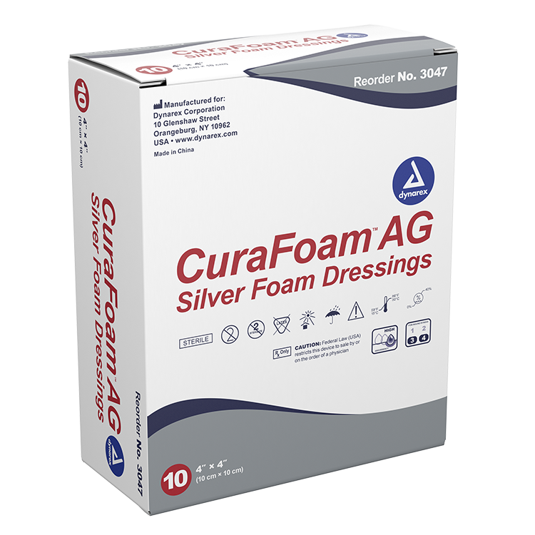 Dynarex CuraFoam AG - Silver Foam Dressing, 4" x 4" 10ea/bx, 10bxs/cs (100 Count)