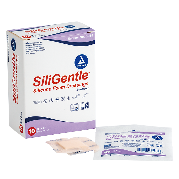 Dynarex SiliGentle - Silicone Bordered Foam Dressing, 10ea/bx, 12bxs/cs (120 Count)