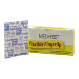 Two boxes of Medi-First flexible fingertip bandages on a white background