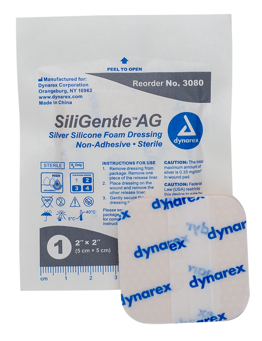 Dynarex SiliGentle AG - Silver Silicone Foam Dressing, 10ea/bx, 5bxs/cs (50 Count)