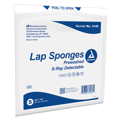 Dynarex Lap Sponge - Pre-washed - Sterile, 5ea/bx, 40bxs/cs (200 Count)