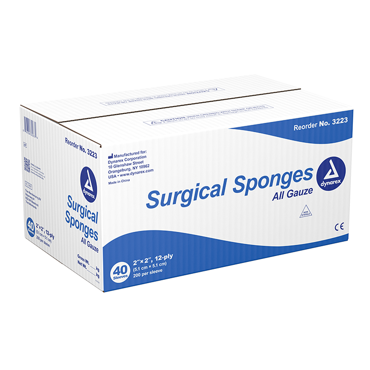 Dynarex Surgical Gauze Sponge, 2" x 2" 12 Ply, 200ea/bx, 40bxs/cs (8000 Count)
