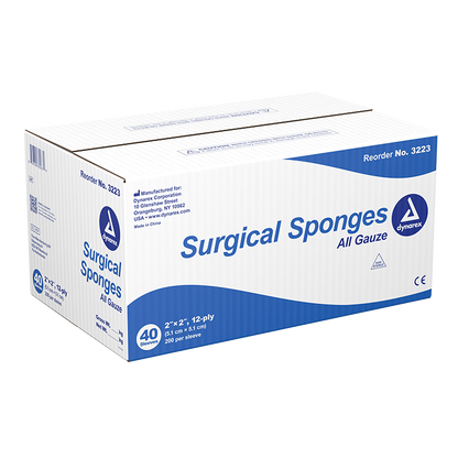 Dynarex Surgical Gauze Sponge, 2" x 2" 12 Ply, 200ea/bx, 40bxs/cs (8000 Count)