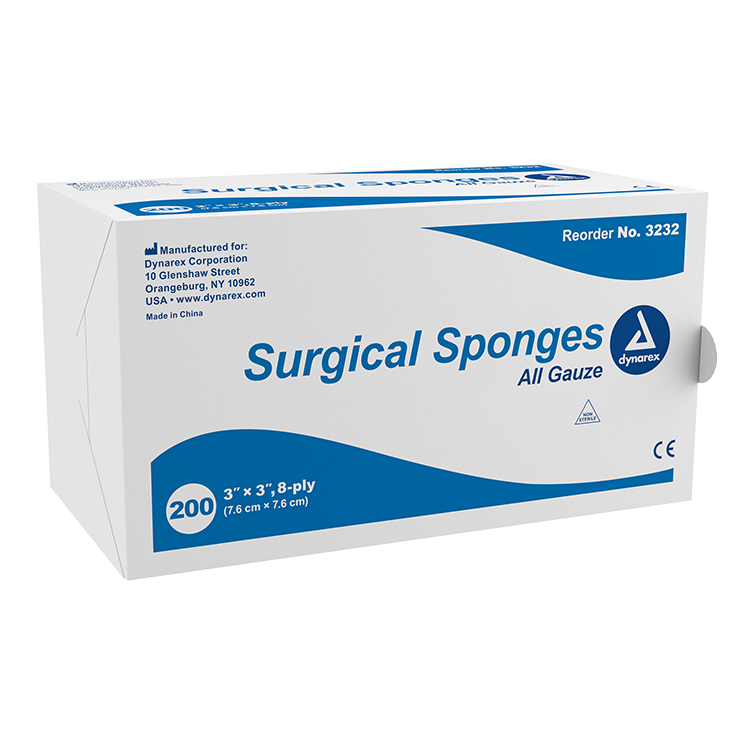 Dynarex Surgical Gauze Sponge, 3" x 3" - 8 Ply 200ea/bx, 20bxs/cs (4000 Count)