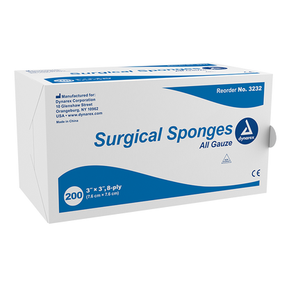 Dynarex Surgical Gauze Sponge, 3" x 3" - 8 Ply 200ea/bx, 20bxs/cs (4000 Count)