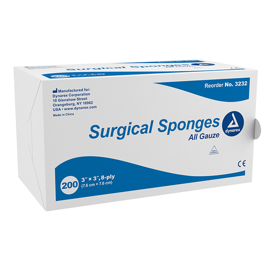 Dynarex Surgical Gauze Sponge, 3" x 3" - 8 Ply 200ea/bx, 20bxs/cs (4000 Count)