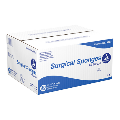 Dynarex Surgical Gauze Sponge, 3" x 3" 12 Ply 200ea/bx, 20bxs/cs (4000 Count)