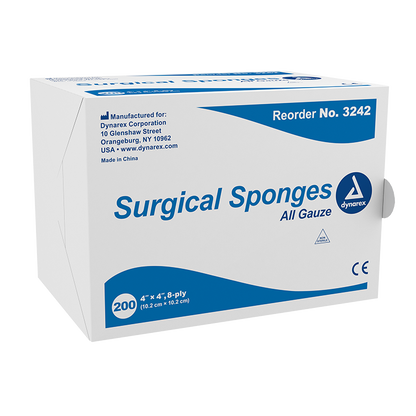 Dynarex Surgical Gauze Sponge, 4" x 4" 8 Ply, 200ea/bx, 20bxs/cs (4000 Count)
