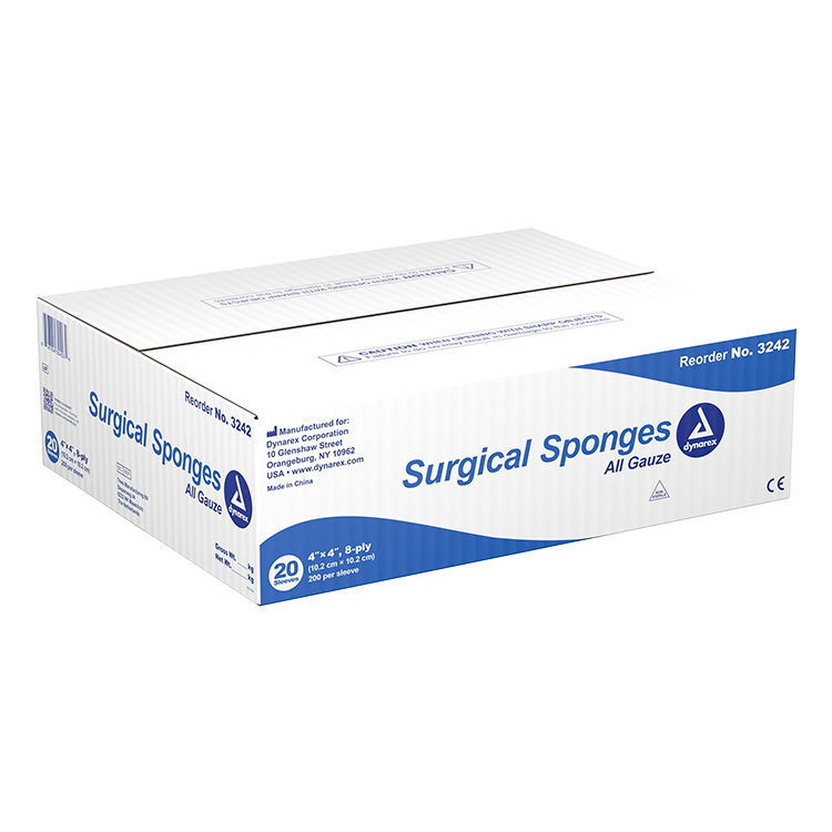 Dynarex Surgical Gauze Sponge, 4" x 4" 8 Ply, 200ea/bx, 20bxs/cs (4000 Count)