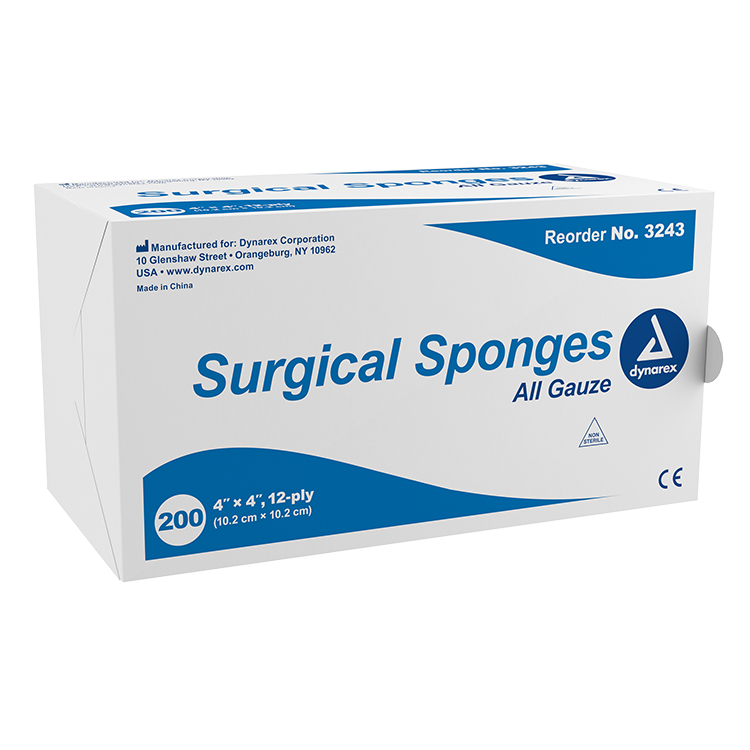 Dynarex Surgical Gauze Sponge, 4" x 4" - 200ea/bx 10bxs/cs (2000 Count)