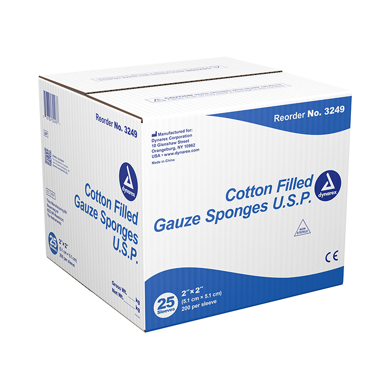 Dynarex Surgical Gauze Sponge, 2" x 2" Cotton Filled, 200ea/bx, 25bxs/cs (5000 Count)