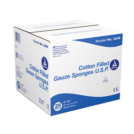 Dynarex Surgical Gauze Sponge, 2" x 2" Cotton Filled, 200ea/bx, 25bxs/cs (5000 Count)