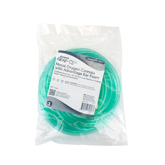 Dynarex Resp-O2 Nasal Oxygen Cannula, Cushion Tip w/Advantage Ear Foam - Adult, 25' Standard Connector (25 Count)