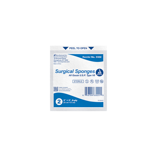 Dynarex Surgical Gauze Sponge - Sterile 2's, 2" x 2" 8 Ply - 50ea/bx, 30bxs/cs (1500 Count)