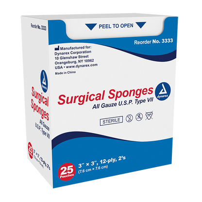 Dynarex Surgical Gauze Sponge - Sterile 2's, 3" x 3" 12 Ply - 25ea/bx, 48bxs/cs (1200 Count)