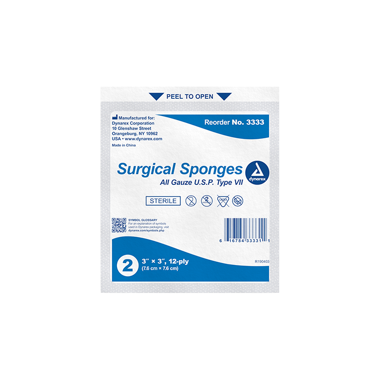 Dynarex Surgical Gauze Sponge - Sterile 2's, 3" x 3" 12 Ply - 25ea/bx, 48bxs/cs (1200 Count)