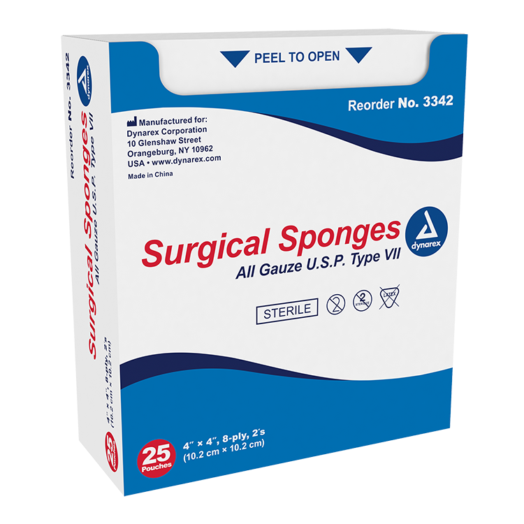 Dynarex Surgical Gauze Sponge - Sterile 2's, 4" x 4" - 25ea/bx, 24bxs/cs (600 Count)