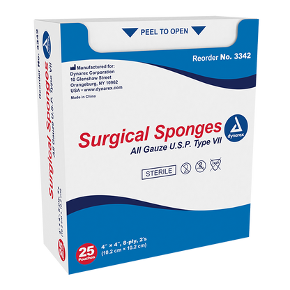 Dynarex Surgical Gauze Sponge - Sterile 2's, 4" x 4" - 25ea/bx, 24bxs/cs (600 Count)