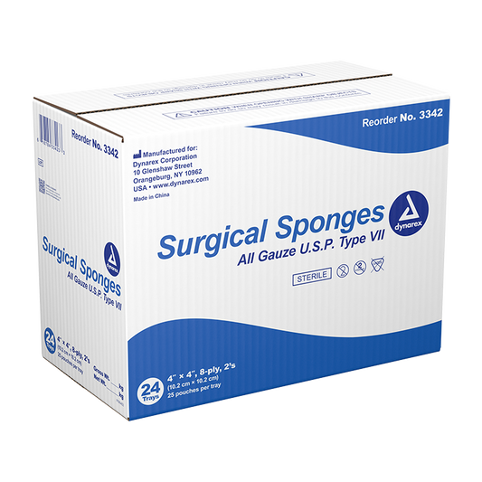 Dynarex Surgical Gauze Sponge - Sterile 2's, 4" x 4" - 25ea/bx, 24bxs/cs (600 Count)
