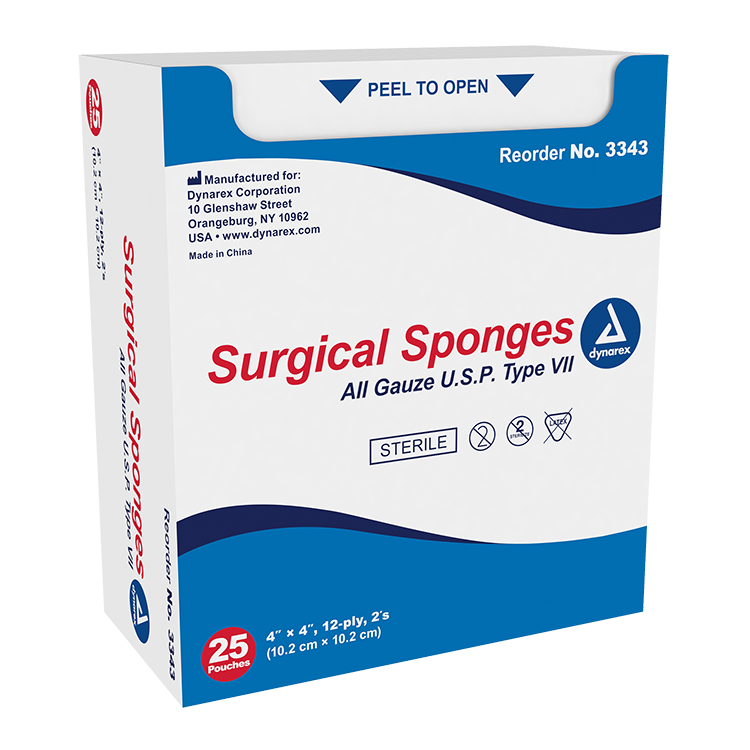 Dynarex Surgical Gauze Sponge - Sterile 2's, 4" x 4" - 25ea/bx, 24bxs/cs (600 Count)