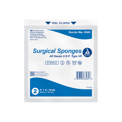 Dynarex Surgical Gauze Sponge - Sterile 2's, 4" x 4" - 25ea/bx, 24bxs/cs (600 Count)