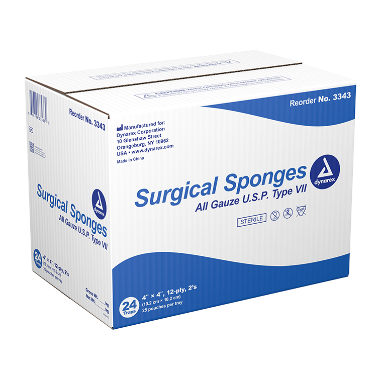 Dynarex Surgical Gauze Sponge - Sterile 2's, 4" x 4" - 25ea/bx, 24bxs/cs (600 Count)