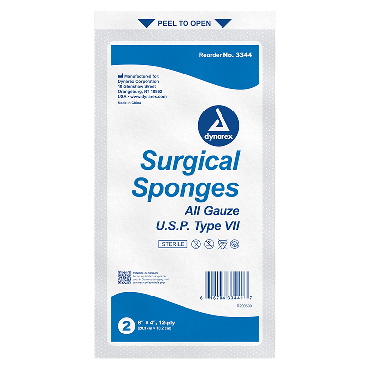 Dynarex Surgical Gauze Sponge - Sterile 2's, 8" x 4" 12 Ply, 25ea/bx, 20bxs/cs (500 Count)