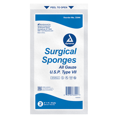 Dynarex Surgical Gauze Sponge - Sterile 2's, 8" x 4" 12 Ply, 25ea/bx, 20bxs/cs (500 Count)