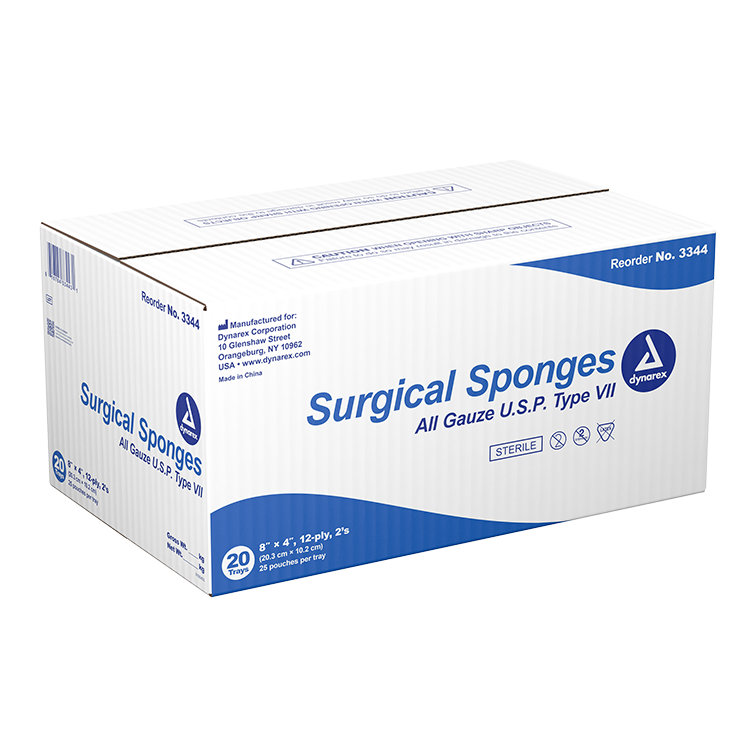 Dynarex Surgical Gauze Sponge - Sterile 2's, 8" x 4" 12 Ply, 25ea/bx, 20bxs/cs (500 Count)