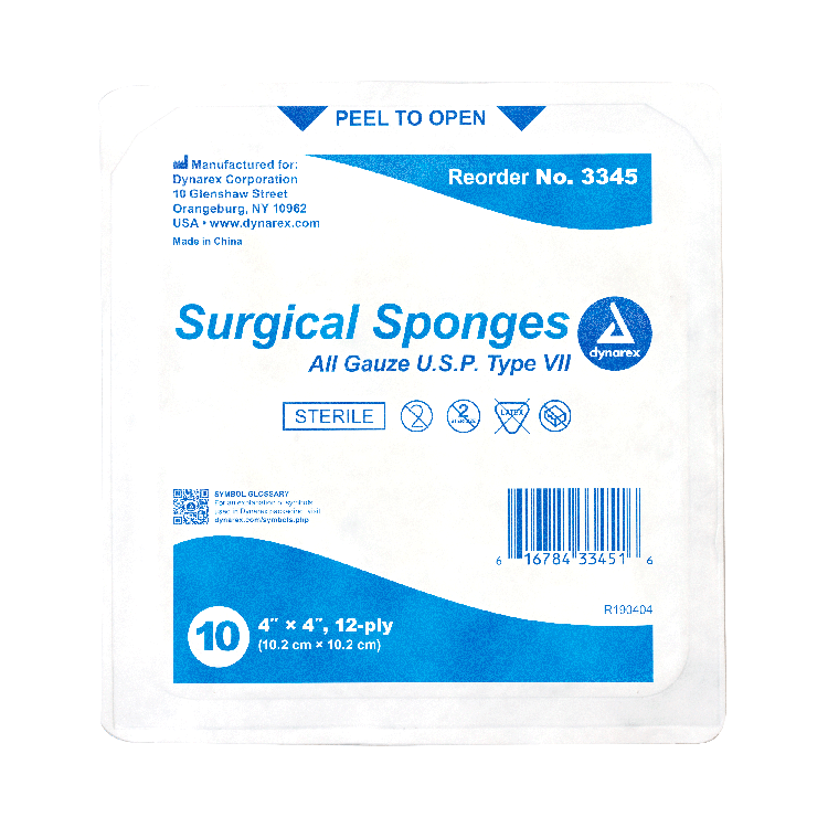 Dynarex Surgical Gauze Sponge - Sterile 10's, 4" x 4" 12 Ply, 10ea/bx, 128bxs/cs (1280 Count)