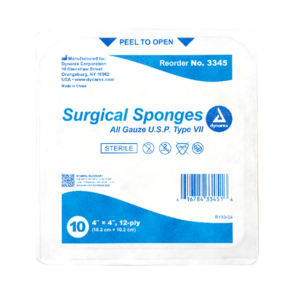 Dynarex Surgical Gauze Sponge - Sterile 10's, 4" x 4" 12 Ply, 10ea/bx, 128bxs/cs (1280 Count)