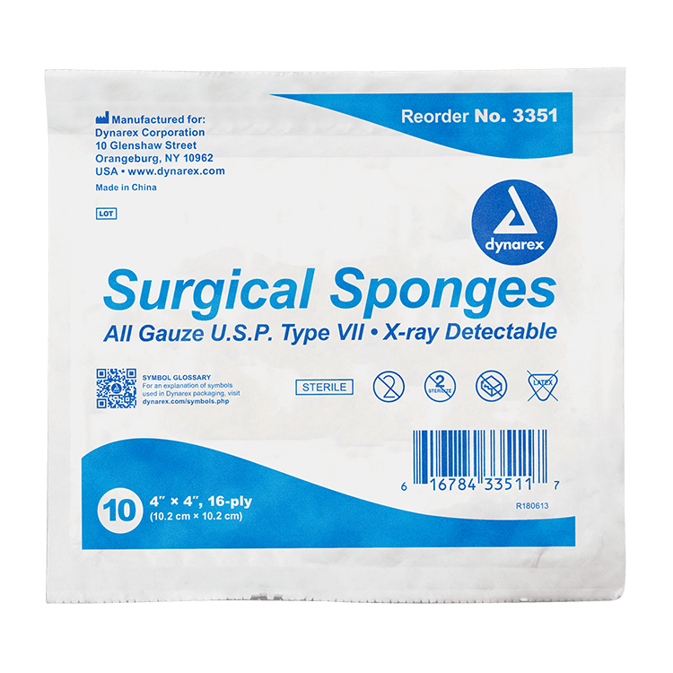 Dynarex X-Ray Detectable Surgical Gauze Sponge - Sterile, 4" x 4", 10ea/bx, 128bxs/cs (1280 Count)