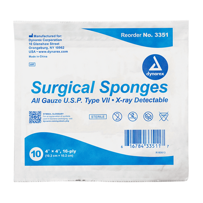 Dynarex X-Ray Detectable Surgical Gauze Sponge - Sterile, 4" x 4", 10ea/bx, 128bxs/cs (1280 Count)