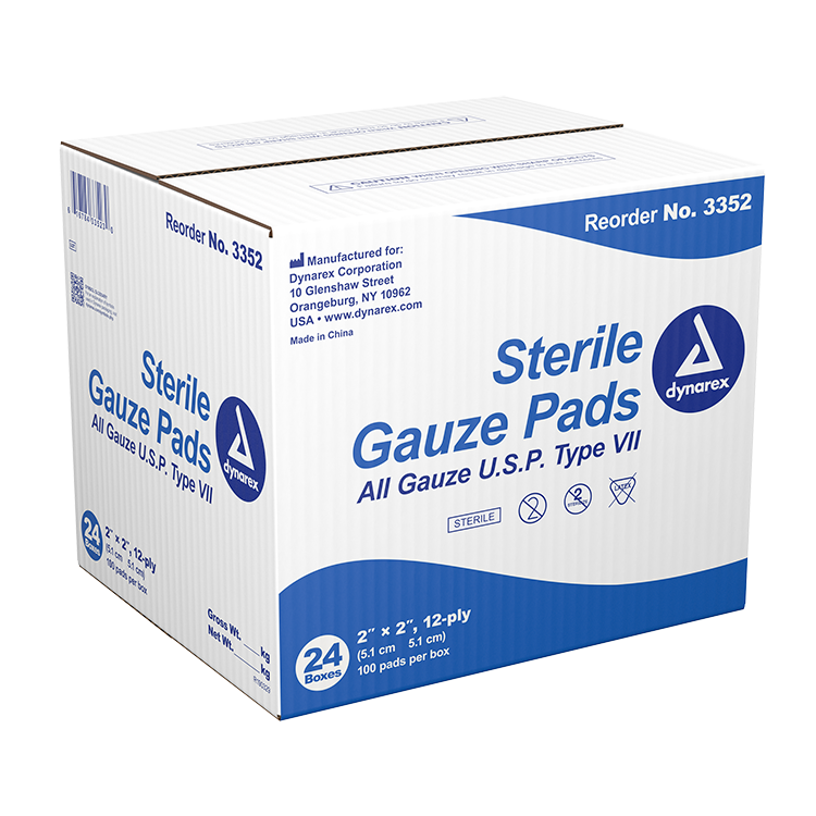 Dynarex Gauze Pad - Sterile 1's, 2" x 2" 12 Ply, 100ea/bx, 24bxs/cs (2400 Count)