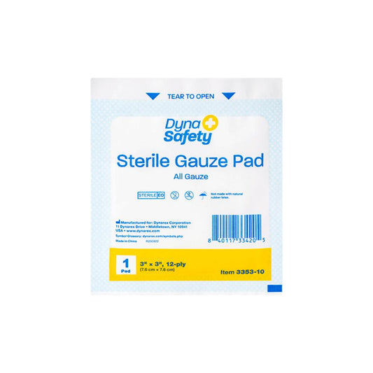 Dynarex Gauze Pad - Sterile 1's, 3" x 3" 12 Ply, 10ea/bx, 48bxs/cs (480 Count)