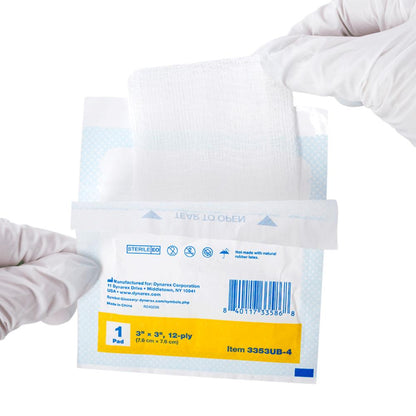 Dynarex Gauze Pad - Sterile 1's, 3" x 3" 12 Ply, 4ea/bx, 100bxs/cs (400 Count)