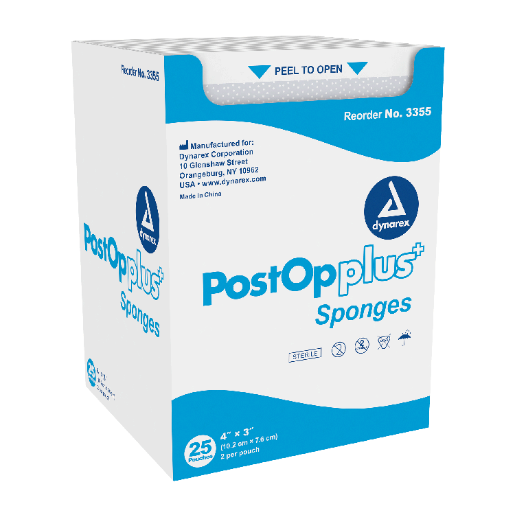 Dynarex Post Op Plus Sponge, 4" x 3" - 25ea/bx, 24bxs/cs (600 Count)